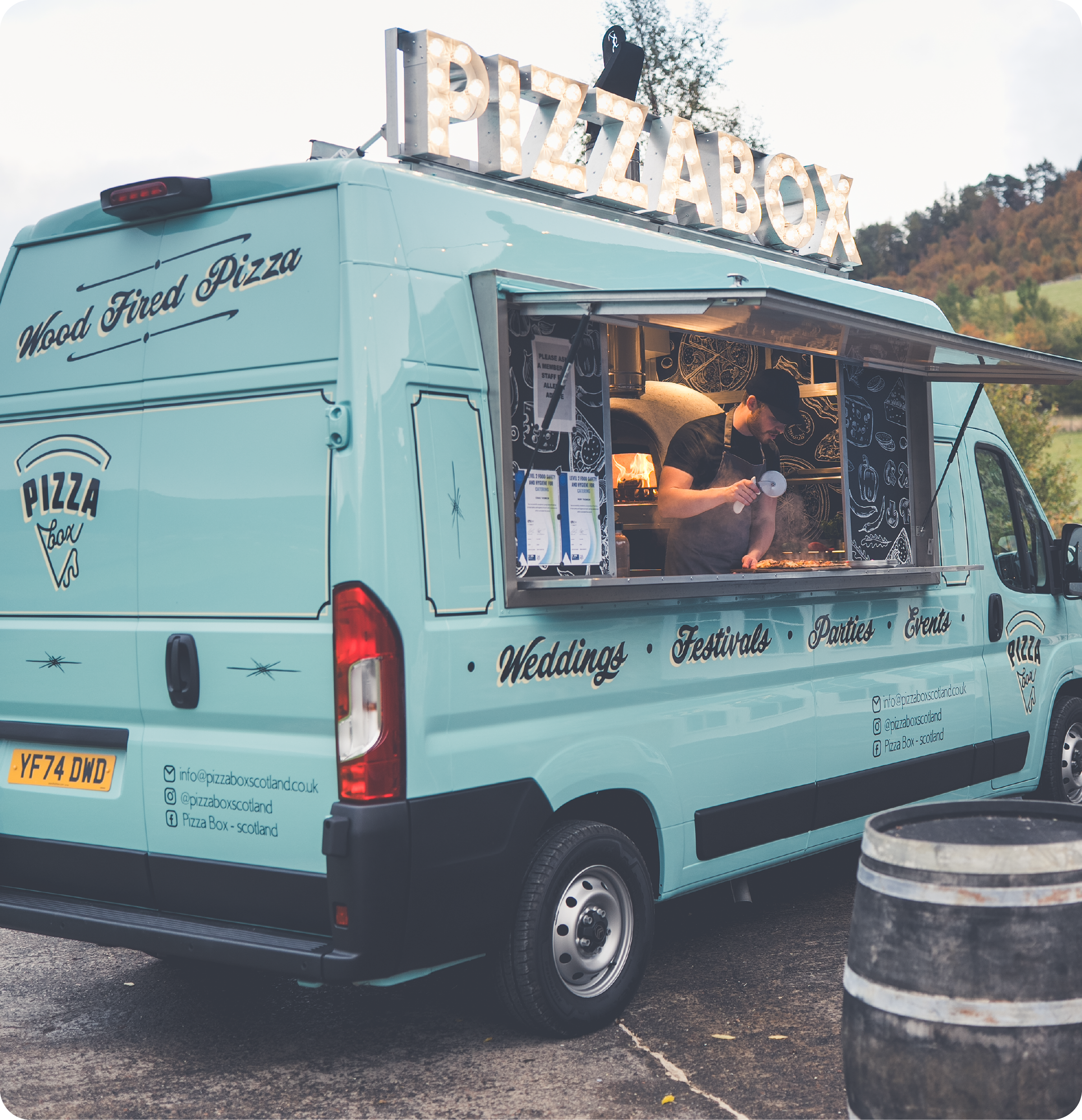 PizzaBox Scotland van serving wood fired pizza